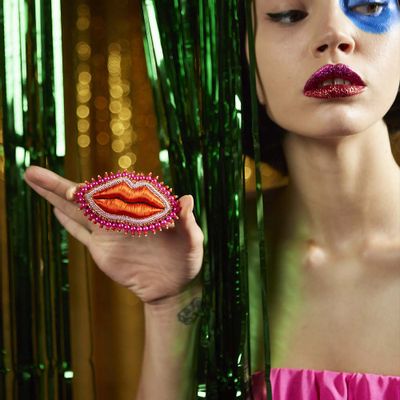 Jewelry - Red Mouth with pink beads brooch - CELESTE MOGADOR