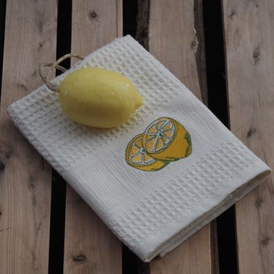 Tea towel - Lemon Embroidered Honeycomb Tea Towel 45x70 - NATURE A SUIVRE