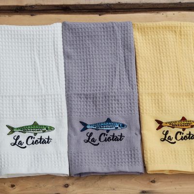 Tea towel - 45x70" Customizable Sardine Embroidered Honeycomb Tea Towel - NATURE A SUIVRE