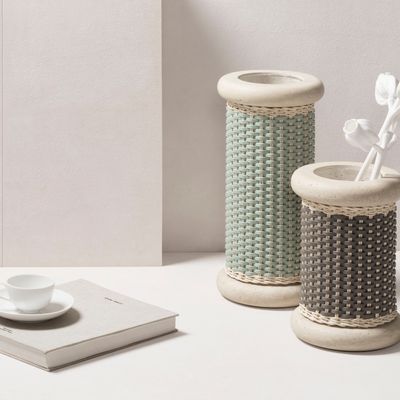 Vases - COURBET LEATHER & RATTAN TRAVERTINE VASE - PIGMENT FRANCE BY GIOBAGNARA