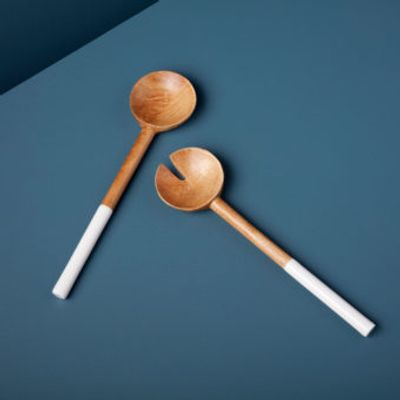 Cutlery set - Mango Wood & White Enamel Serving Set - BE HOME