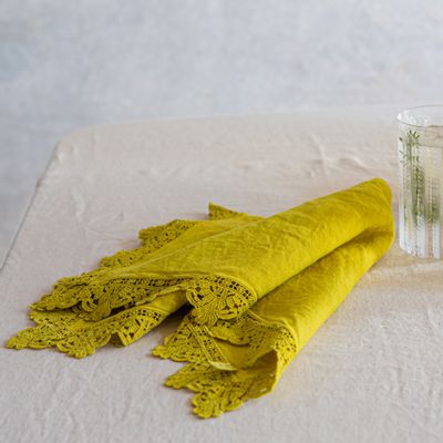 Linge de table textile - Serviettes en lin avec dentelle de Sicile, lot de 4 - ONCE MILANO