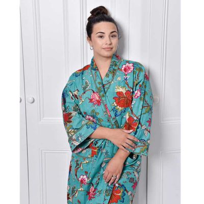 Sleepwear - DG415 Teal exotic flower printed dressing gown - POWELL CRAFT