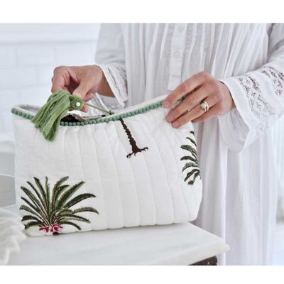 Cadeaux - Green palm tree print lined wash bag - POWELL CRAFT