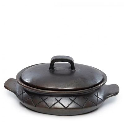 Platter and bowls - The Burned Oval Pot With Pattern and side handles - Black - BAZAR BIZAR LIVING