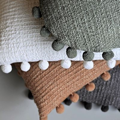 Fabric cushions - Handwoven pompoms cotton  cushions - LA MAISON DE LILO