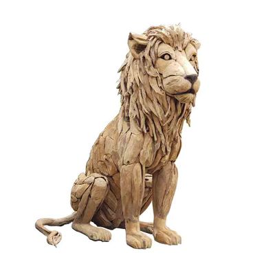 Sculptures, statuettes et miniatures - Lion Assis façon Ecorce De Bois - GRAND DÉCOR