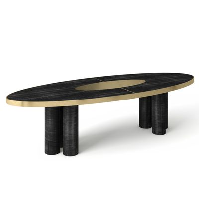 Conference tables - Ray Oval Dining Table in Frisé Grey Sikomoro and Brushed Brass Details - DUISTT