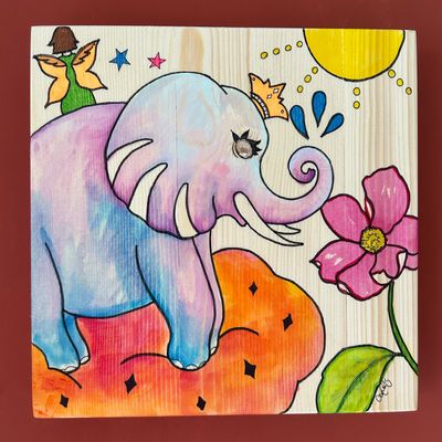 Tableaux - Peinture sur toile tout bois - amis et éléphants - VERY LUCKY CRAFTSHOP
