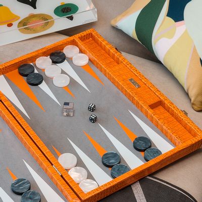 Petite maroquinerie - Jeu de Backgammon Orange Tangelo - Cuir Vegan Alligator Large - VIDO LUXURY BOARD GAMES