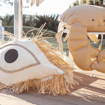 Coussins - Coussin oeil grec blanc avec franges en raphia - MX HOME