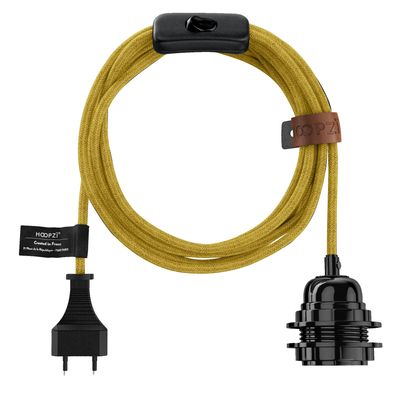 Hanging lights - Bala suspension lamp in French linen - Black socket - Woven cord - 4.5m - Mustard linen - HOOPZÏ