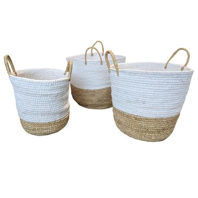 Laundry baskets - Set of 3 sisal and agel baskets (white and natural -Bali) - PPSAS3 - BALINAISA