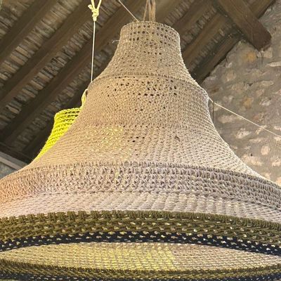 Office design and planning - ARAMIS lamp, a blend of hemp and cotton, olive green and black, Height 60cm, Diameter: 90 cm, delivered with electric mount - ADELE VAHN