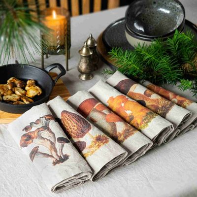 Gifts - Linen Napkins │ Mushrooms, 6-set - LINOROOM 100% LINEN TEXTILES