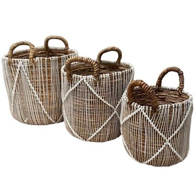 Laundry baskets - Set of 3 abaca and white macrame baskets (Bali) - S65 - BALINAISA