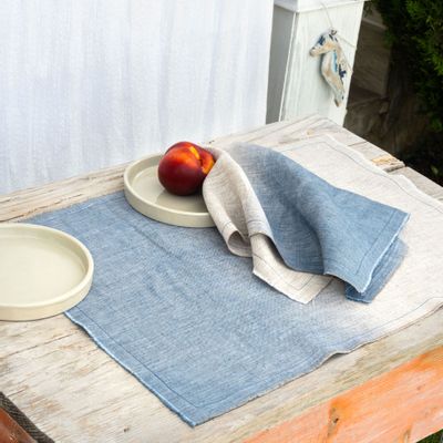 Linge de table textile - Napperon et serviette en lin beige et bleu - ATELIER 99
