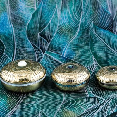 Caskets and boxes - Taos mother-of-pearl and recycled brass round box - WILD BY MOSAIC