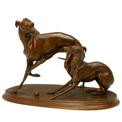 Sculptures, statuettes et miniatures - Couple de Levrettes à la balle de Pierre-Jules Mène - FONDERIE DE BRONZE LAURAGAISE