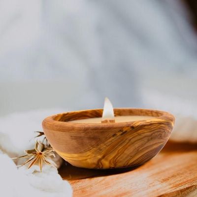 Candles - Bamboo Scent Candle in an Olive Wood Bowl - BAYU