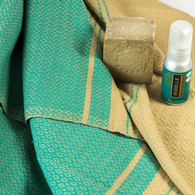 Bath towels - ORGANIC COTTON FOUTA - SAND Collection- Color SAND & BLUE ALIZE - KARAWAN AUTHENTIC