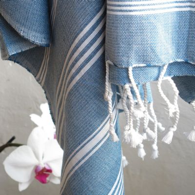 Bath towels - ORGANIC COTTON FOUTA - HAMMAM Collection - Color WHITE & OCEAN - KARAWAN AUTHENTIC