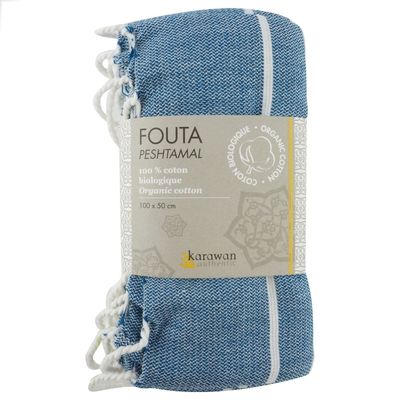 Bath towels - ORGANIC COTTON FOUTA - HAMMAM Collection - Color WHITE & OCEAN - KARAWAN AUTHENTIC