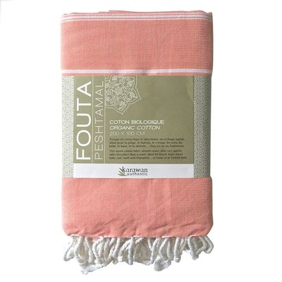 Bath towels - ORGANIC COTTON FOUTA - HAMMAM Collection - Color WHITE & CORAL - KARAWAN AUTHENTIC