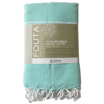 Serviettes de bain - FOUTA EN COTON BIOLOGIQUE - COLLECTION HAMMAM- Couleur BLANC & MENTHE - KARAWAN AUTHENTIC