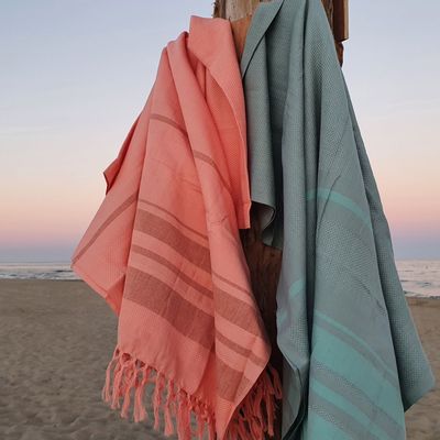 Bath towels - WOVEN ORGANIC COTTON FOUTA - GARDEN COLLECTION - CORAL COLOR - KARAWAN AUTHENTIC