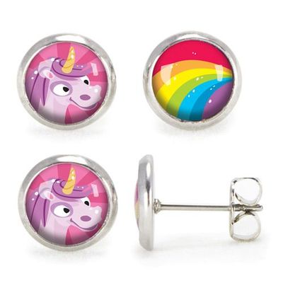 Accessoires enfants - Puces d’oreilles Enfant Licorne Rose / Arc-en-Ciel - Argent - LES MINIS D'EMILIE