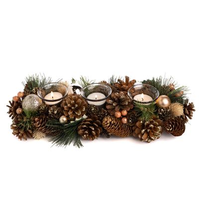 Autres décorations de Noël - GLSS BALL/PINE/PINEC.3 VOT.HOLDER BRWN/GRN 38CM - GOODWILL M&G