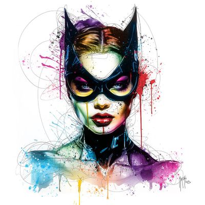 Paintings - The Cat, tribute to Catwoman by Patrice Murciano in a POP style, 50x50 cm - MUUSE