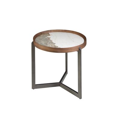 Coffee tables - Round coffee table in porcelain marble, walnut and dark metallic steel - ANGEL CERDÁ