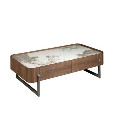 Coffee tables - Rectangular coffee table in porcelain marble, walnut and dark metallic steel - ANGEL CERDÁ