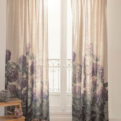 Curtains and window coverings - AU PIED DES HORTENSIAS curtain in rustic linen printed all over. - WINDOW VA&VIENT