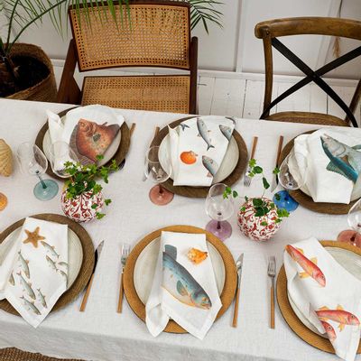 Gifts - Washed Linen Napkins ǀ  SEA FISH - LINOROOM 100% LINEN TEXTILES