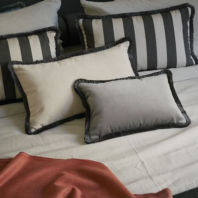 Cushions - Couple Striped Happy Pillow White and Carbon With Piping and Fringes - LO DECOR