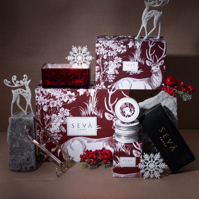 Gifts - Holly Jolly Reindeer Print Hamper- (Ruby Jewel Candle, Candle Care Kit & Travel Set of 3) - SEVA HOME