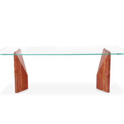 Desks - Writing desk PD V2 made in red travertine and extra-clear crystal glass top - ATELIER BARBERINI & GUNNELL
