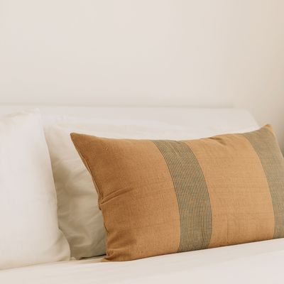 Fabric cushions - Utkaliya Brown Cotton Woven Stripe Lumbar Cushion. - NAKI + SSAM