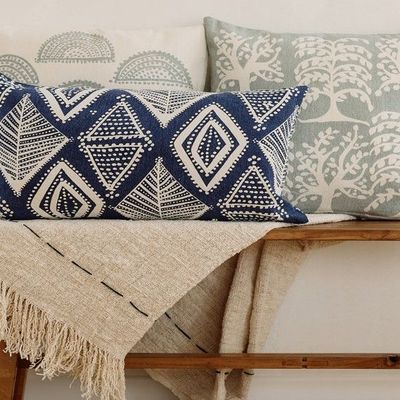 Fabric cushions - MERAKI Gond art inspired arabesque pattern hand screen printed lumbar - NAKI+SSAM