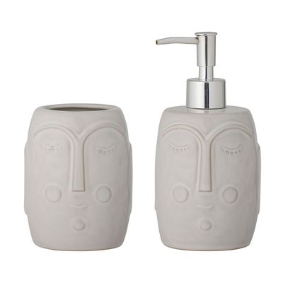 Washbasins - Niga Soap Dispenser Set, Nature, Porcelain Set of 2 - BLOOMINGVILLE