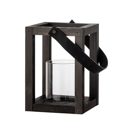 Outdoor table lamps - Lyra Lantern w/Glass, Black, Pine  - BLOOMINGVILLE