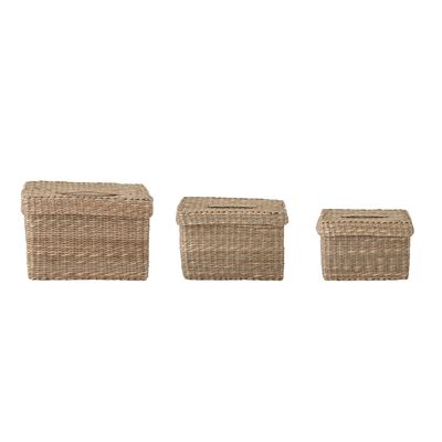 Shopping baskets - Givan Basket w/Lid, Nature, Seagrass Set of 3 - BLOOMINGVILLE
