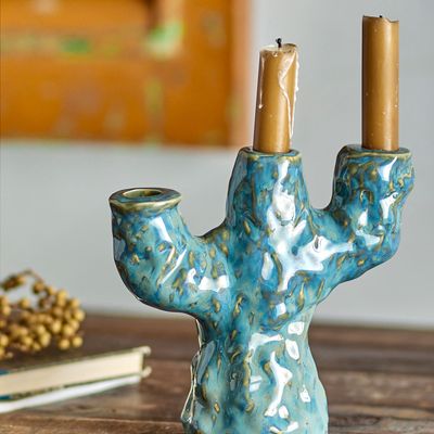 Bougeoirs et photophores  - Tahoka Bougeoir, Blue, Grès  - CREATIVE COLLECTION