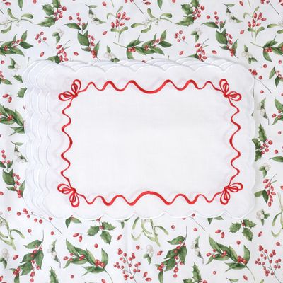 Table linen - Embroidered Placemats Red Christmas Bows - ROSEBERRY HOME
