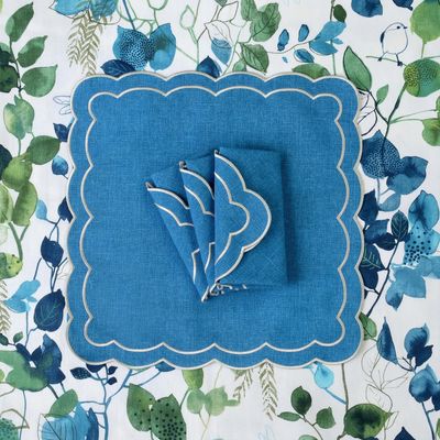 Table linen - Embroidered Napkins Blue Petali - 4 pieces - ROSEBERRY HOME