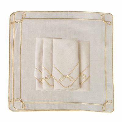 Table linen - Embroidered Napkins Golden Bows - 6 pieces - ROSEBERRY HOME