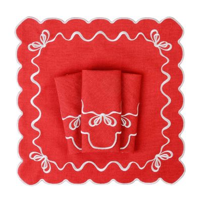 Table linen - Embroidered Napkins White Christmas Bows - 4 pieces - ROSEBERRY HOME